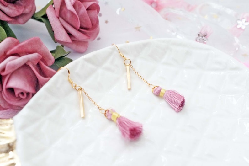 Unique tassel jewelry boho earrings Delicate chain earrings Long tassel earrings Pink tassel earrings Silk tassel dangle drop earrings