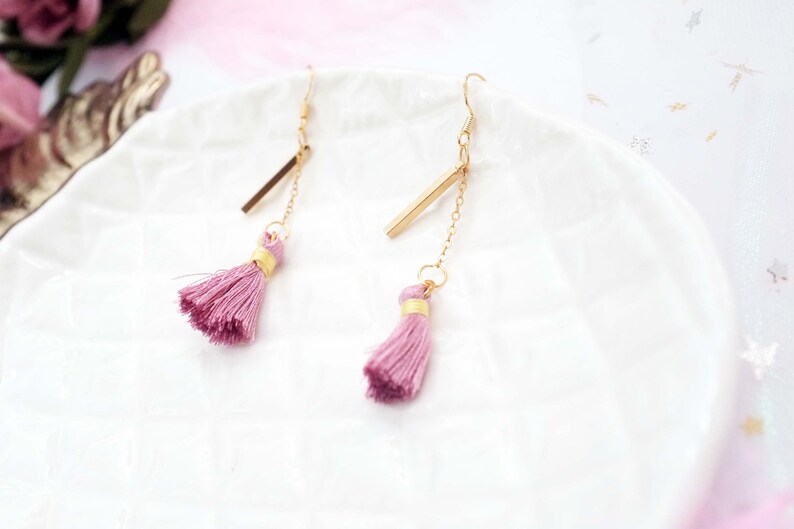 Unique tassel jewelry boho earrings Delicate chain earrings Long tassel earrings Pink tassel earrings Silk tassel dangle drop earrings