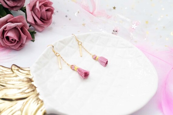 Unique tassel jewelry boho earrings Delicate chain earrings Long tassel earrings Pink tassel earrings Silk tassel dangle drop earrings