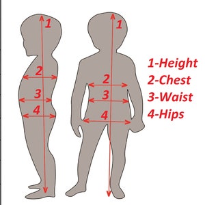 May include: Diagram showing child's body measurements. Two grey silhouettes with red arrows indicating height, chest, waist, and hip measurements. Text on the right reads: 1-Height, 2-Chest, 3-Waist, 4-Hips.