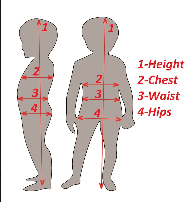 May include: Diagram showing child's body measurements. Two grey silhouettes with red arrows indicating height, chest, waist, and hip measurements. Text on the right reads: 1-Height, 2-Chest, 3-Waist, 4-Hips.