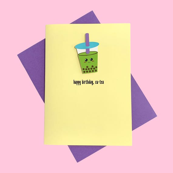 Happy Birthday Cu-Tea Birthday Card: Punny Boba Design - Milk Tea or Matcha