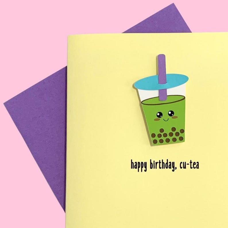 Happy Birthday Cu-Tea Birthday Card: Punny Boba Design - Milk Tea or Matcha image 2