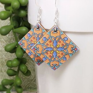 Lightweight Wood "Tile" Dangle Earrings, Decoupage, Trendy, Italian, Spanish, Moroccan, Talavera, Unique, Chose silver or gold ear wires