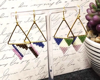 Beaded triangle, Handwoven Miyuki Delica Seed Bead Earrings, Chic, Trendy, Unique Gift, Colorful, Brown, White, Blue, Pink, Unique