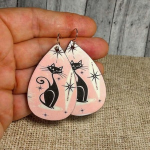 Atomic Cat, Retro, Vintage, Dangle Earrings, Lightweight, Wood, Teardrop, Decoupage, Pink, Black Cat, Trendy, Unique Gift for Cat Lover,