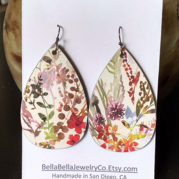 Colorful Wildflower Earrings, wood earrings, decoupage earrings, floral, lightweight, teardrop, trendy, chose you ear wire color