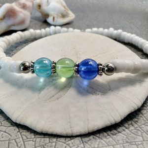 Mermaid Bracelet or Choker, Cute and Chic, Deep Blues and Green Glass Beads, Silver Accents, White Glass Seed Beads, Beach Jewelry