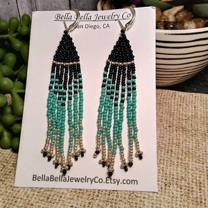 Turquoise, Black, Silver, Seed Beads, Lightweight, Handwoven, Fringe, Tribal, Long, Native, Beaded Earrings, Dangle