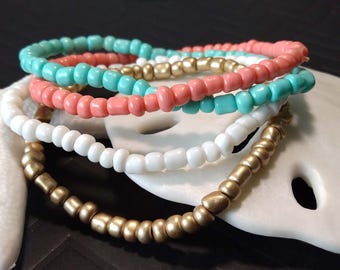 Set of 4 Stackable Glass Seed Bead Bracelets - Stretchy Bracelets - Chic - Boho - Summer Beachy Style - Unisex