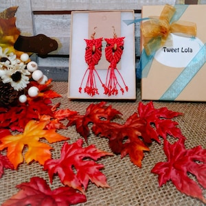 Red Macrame Owl Earrings, Red Owl Earrings, Owl Dangling Earrings, Red Earrings, Statement Drop Earrings, Bird Earrings, Unique Gift for Her