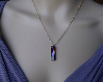 Purple Baguette Swarovski Crystal Pendant, Gold Plated Chain