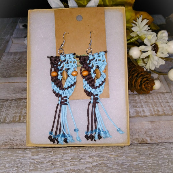 Boucles d’oreilles Sky Blue Brown Macrame Owl Drop, boucles d’oreilles 2 Tone Owl, boucles d’oreilles Macrame Owl, boucles d’oreilles Owl, boucles d’oreilles oiseaux, cadeau pour elle, Boho Trendy