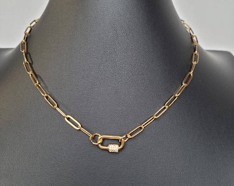 Gold Paperclip Chain Necklace, Pave Zircon Connector Pendant