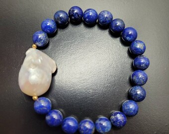 Prosperity Good Luck Baroque Pearl and Lapis Lazuli Bracelet, Stone of Wisdom Truth Peace, Royalty & Honor, Unisex Bracelet, Unique Gift