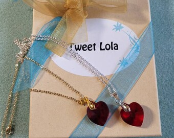 Red Heart Swarovski Crystal Pendant Necklace, Gold Silver Chain