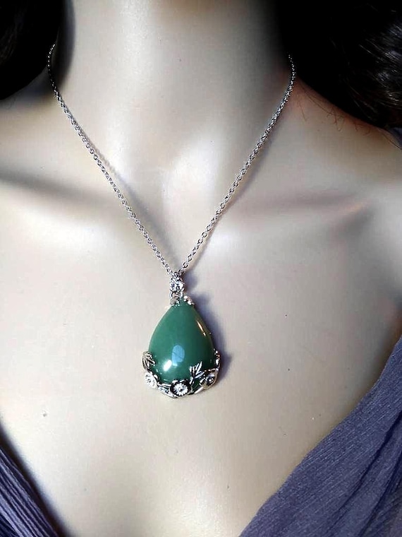 Aventurine Pendant Necklace Stainless Steel Chain Water Resistance Emotional Recovery Stone Protection Growth Positive Stone Large Pendant