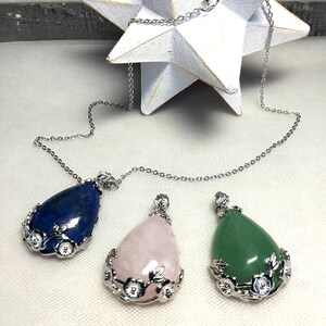 Green Aventurine Pendant Necklace, Water Drop Shape, Stainless Steel Chain (Water Resistance) image 2