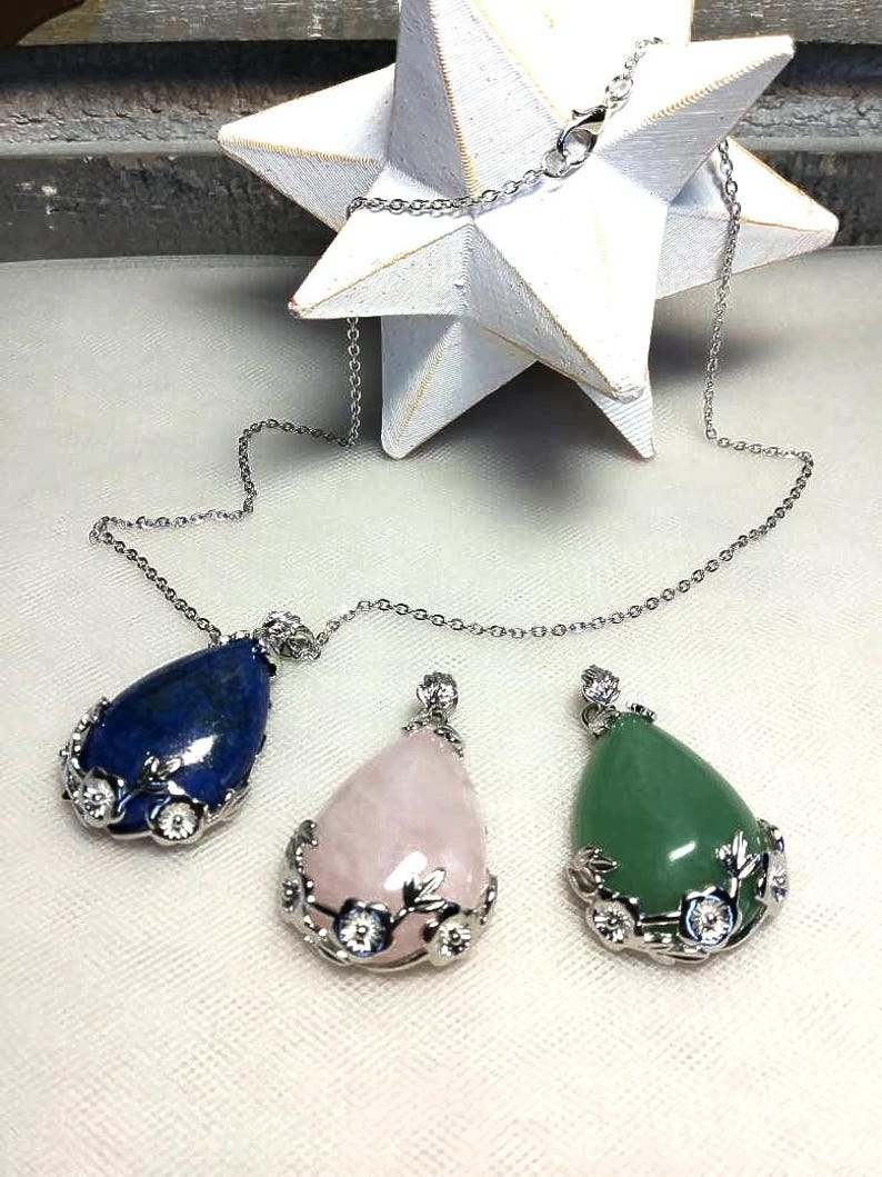 Green Aventurine Pendant Necklace, Water Drop Shape, Stainless Steel Chain (Water Resistance) image 2
