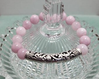 Pink Jade Bracelet with Antique Silver Filigree, 10mm Natural Pink Jade Elastic Bracelet, Healing Inner Peace Bracelet, Serenity Bracelet