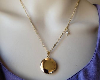 18K Gold Round Locket Pendant with CZ Starlight Charm