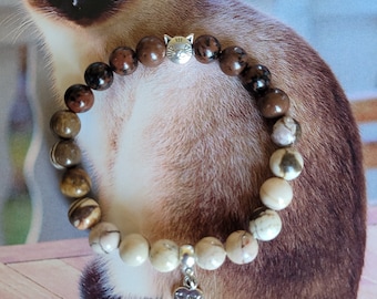 Siamese Cat Bracelet, Himalayan Cat Bracelet, Deep Brown Beige Cat Gemstones Bracelet, Cat Lover Gift, Cat Charm Bracelet, Brown Cat Kitty