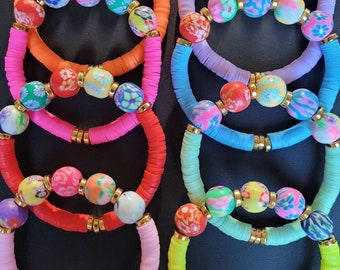 Heishi Bracelet with Floral Polymer Clay Beads, Summer Jewelry