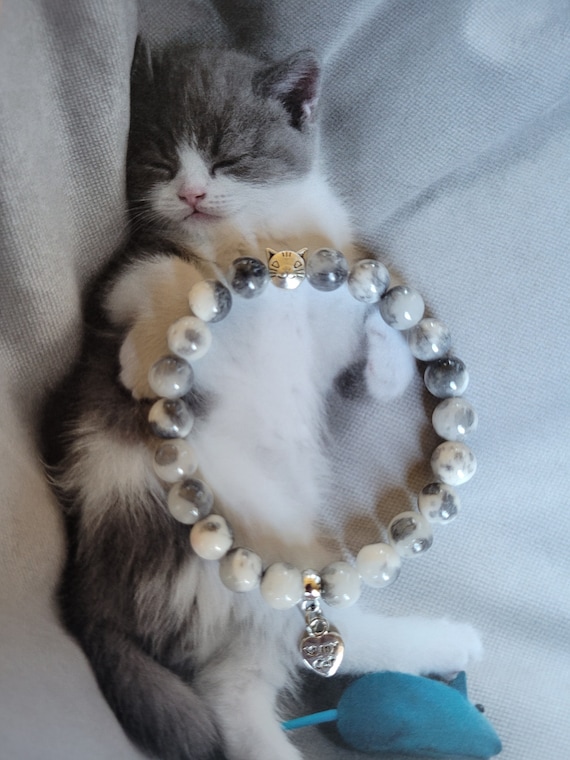 White & Gray Cat Bracelet, Gray White Kitty Bracelet, Cat  Cute Kitten Bracelet 7.5” main image 0