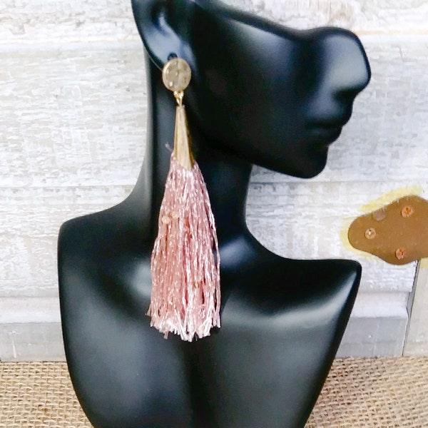 Mauve Pink Silk Tassel Drop Earrings, 4" Long Fringe Earrings, Gold tone Hammered Cone Stud Earrings, Sequin Beads Tassel Earrings, Trendy