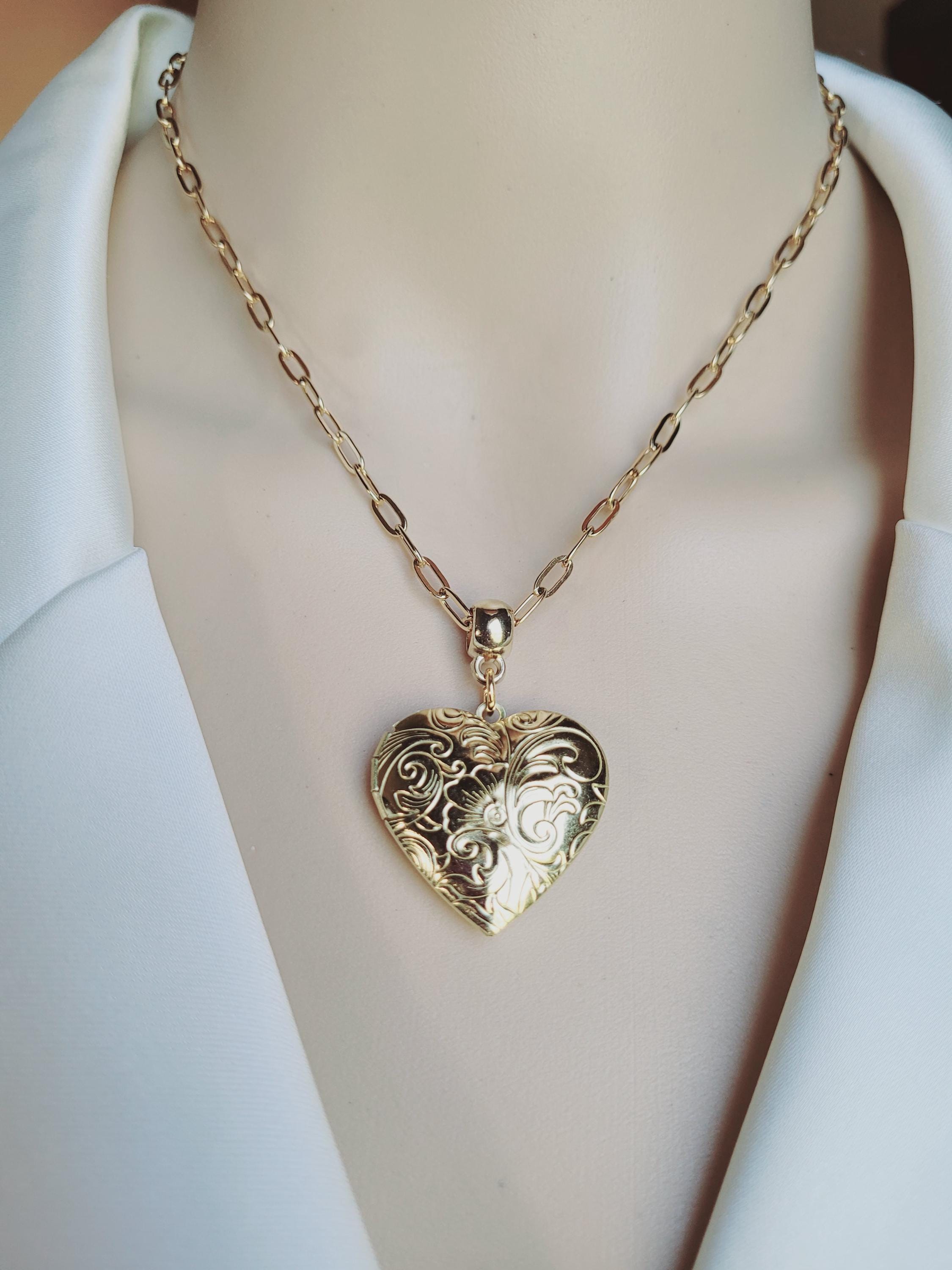 Collier Pendentif Double Cœur Plaqué Or Et Pierre Rouge – Vintage, Occasion Porté