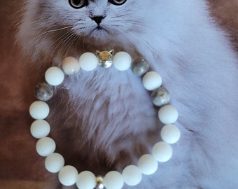 Gemstone Cat Bracelet, White Alabaster, Jasper, Cat Lover Gift