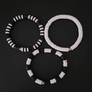 Set of 3 Black & White Heishi Bracelets, Stainless Steel Spacers, Stackable Bracelets, Men Women Teens Bracelets, Boho, Trendy bracelets