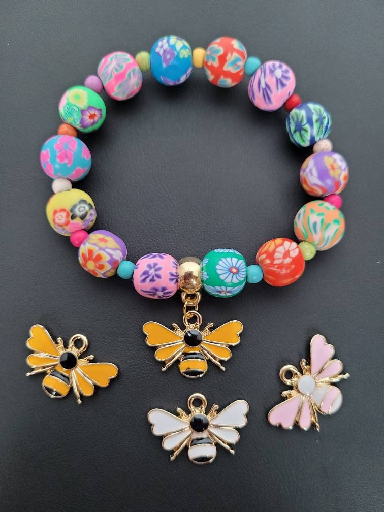 Floral Polymer Clay Bracelet, Turquoise Beads, Honey Bee Charm
