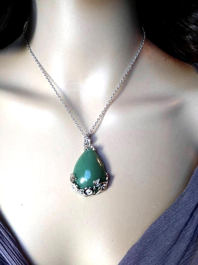 Green Aventurine Pendant Necklace, Water Drop Shape, Stainless Steel Chain (Water Resistance) image 7
