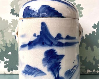 Vintage Chinese blue and white hand-painted pottery tea canister/caddy with lid