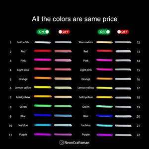 Pu&ograve; includere: Un grafico che mostra 11 colori al neon diversi con i loro nomi e numeri corrispondenti. I colori sono visualizzati sia in stato "acceso" che "spento". Il testo "All the colors are same price" &egrave; in cima al grafico. I testi "ON" e "OFF" sono visualizzati accanto a un cerchio con un punto verde all'interno e un cerchio con un punto bianco all'interno, rispettivamente.