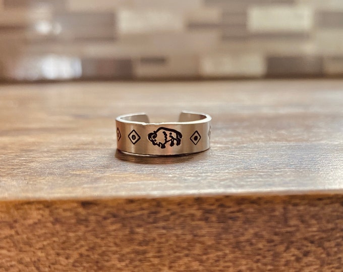 Buffalo Aztec Metal Stamped Ring Country Western Boho Gypsy Handmade
