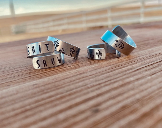 Shit Show Stamped Ring, Cactus Galore, Thumb Ring, Aluminum, Boho, Western, Rodeo, Buffalo, Southern, Southwestern, Hippie, Gypsy, Cowgirl