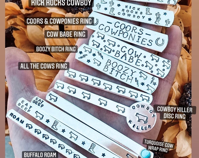 Rodeo Rings, Wrap Rings, Cow, Cowboys, Steers, Cactus, Kick Rocks, Boozy Bitch, Coors, Beer, Eat Beef, Buffalo, Roam, Western, Gift