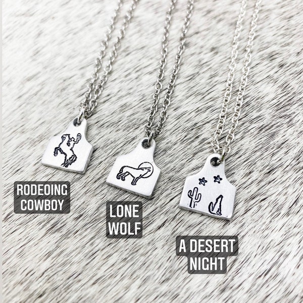 Western Ear Tag Necklaces, Country, Southern, Cowboy, Cowgirl, Gift, Birthday, Christmas, Rearing Horse, Howling Wolf, Moon, Coyote, Stars