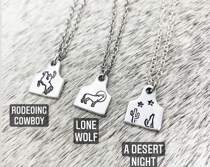 Western Ear Tag Necklaces, Country, Southern, Cowboy, Cowgirl, Gift, Birthday, Christmas, Rearing Horse, Howling Wolf, Moon, Coyote, Stars