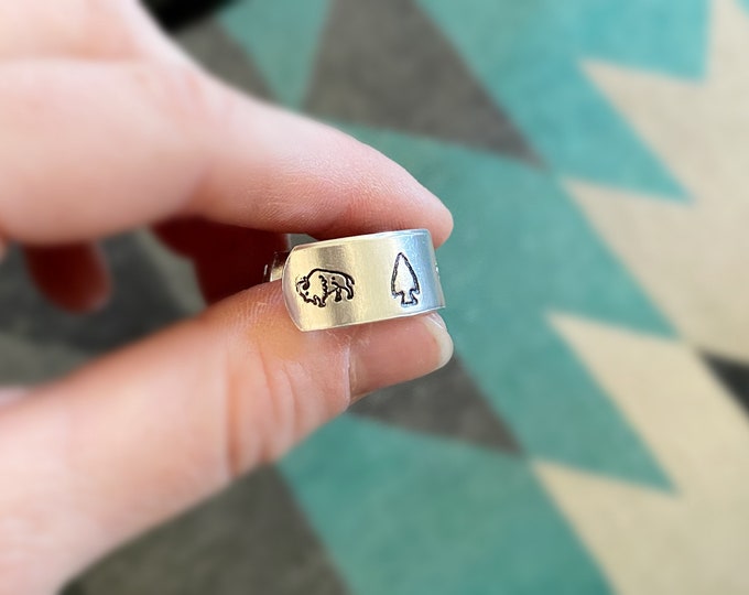 Buffalo Arrow Head Hand Stamped Metal Ring Country Western Rodeo Indian Boho Adventure Thumb Ring