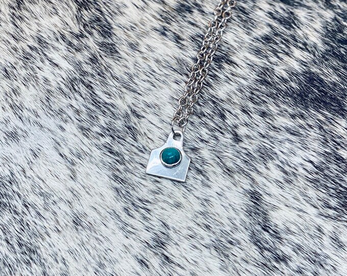 Turquoise Cow Ear Tag Necklace Small, Western, Country, Boho, Gypsy, Hippie, Southern, Southwestern, Cowgirl