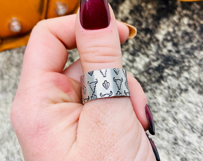 Steer Skull Aztec Statement Thumb Ring, Western, Country, Boho, Gypsy, Hippie, Southern, Cowboy, Cowgirl, Gift, Birthday, Christmas