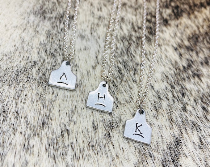 Initial Ear Tag Brand Necklace, Choker, Western, Country, Boho, Gypsy, Hippie, Southern, Southwestern, Cow Tag Stamped, Aluminum, Cowboy