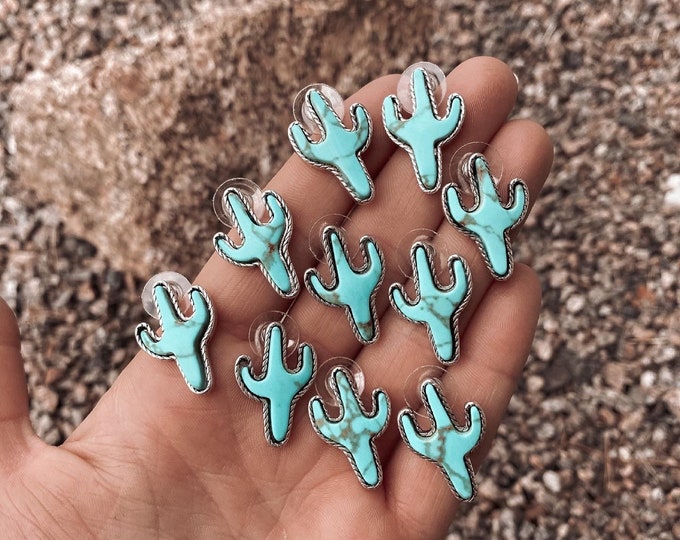 Turquoise Cactus Stud Earrings, Western, Country, Southern, Southwestern, Cowgirl, Cowboy, Rodeo, Gift, Christmas, Jewelry