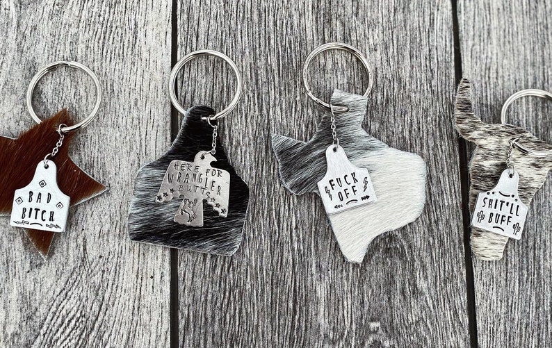 Western Cowgirl Gypsy Southern Rodeo Cactus Keychain Accessories Cowhide Keychains FFA Boho Texas Cow Tag Country Cowboy Star