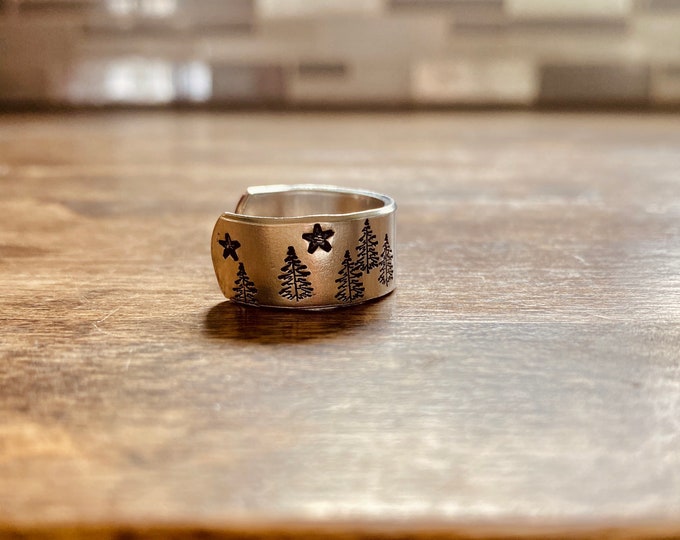 Starry Forest Night Metal Stamped thumb Ring Western Country Outdoors Rodeo Moon Stars Trees