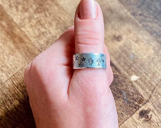 Cactus Starry Night Metal Stamped Thumb Ring Country Rodeo Western Cowboy Star moon