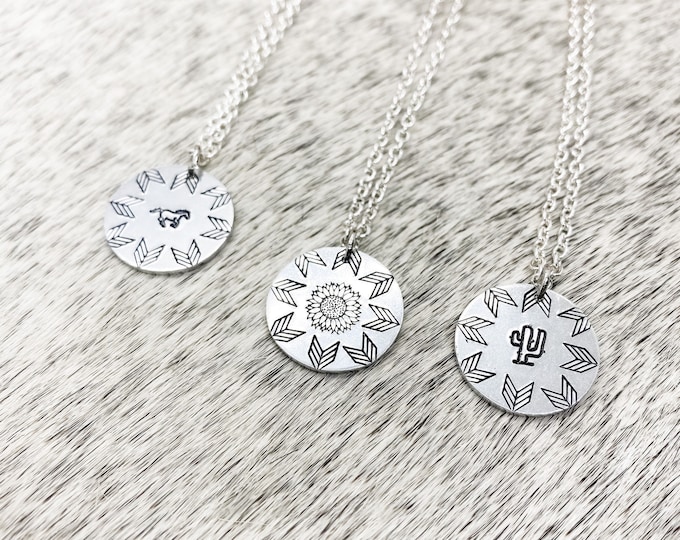 Desert Wandering Disc Necklace, Cactus, Sunflower, Running Horse, Western, Country, Southern, Cowboy, Gift, Birthday, Christmas